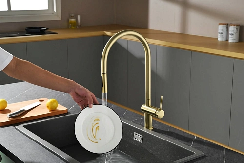 Смеситель для кухни AQUAme Cucina AQM9901BG с выдвижным изливом, золото шлифованное Смеситель для кухни AQUAme Cucina AQM9901BG с выдвижным изливом, золото шлифованное