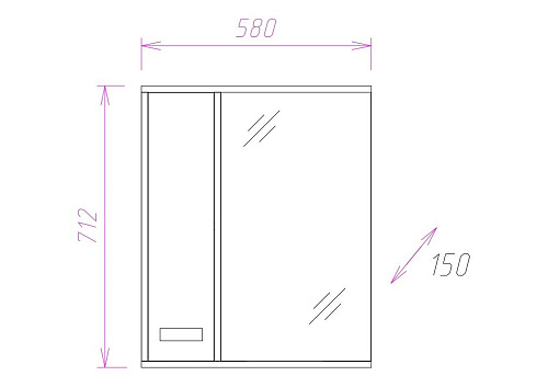 Зеркальный шкаф Onika ГАММА 58.01 левый 205827 Зеркальный шкаф Onika ГАММА 58.01 левый 205827