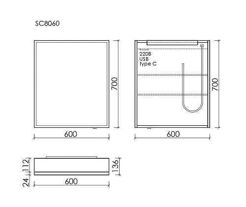 Зеркальный шкаф Sancos Evoke SC8060 600x700х136 мм, из алюминия с LED подсветкой Зеркальный шкаф Sancos Evoke SC8060 600x700х136 мм, из алюминия с LED подсветкой