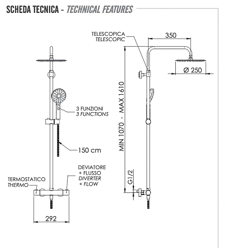 Душевая система Remer EQ32A8MPUFM25G термостатическая Душевая система Remer EQ32A8MPUFM25G термостатическая