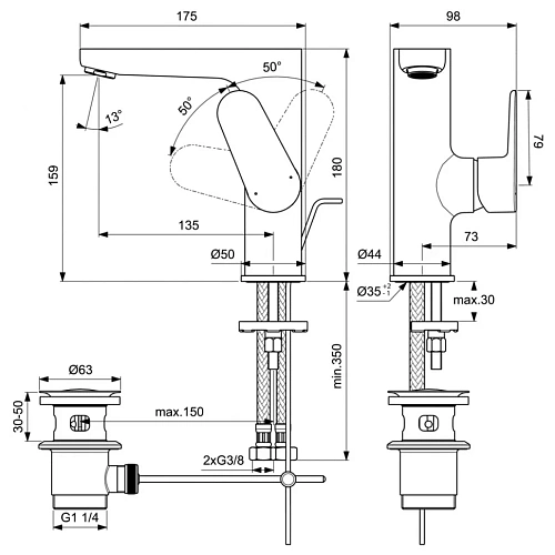Смеситель для раковины Ideal Standard CERAFINE O BC703XG с металлическим донным клапаном Смеситель для раковины Ideal Standard CERAFINE O BC703XG с металлическим донным клапаном