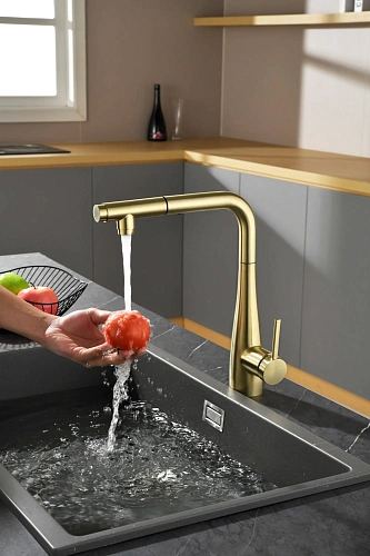 Смеситель для кухни AQUAme Cucina AQM9902BG с выдвижным изливом, золото шлифованное Смеситель для кухни AQUAme Cucina AQM9902BG с выдвижным изливом, золото шлифованное