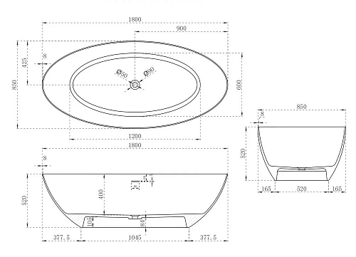 Ванна отдельностоящая ABBER AS9625-1.8 180x85 универсальная, белая матовая, искусственный камень Ванна отдельностоящая ABBER AS9625-1.8 180x85 универсальная, белая матовая, искусственный камень