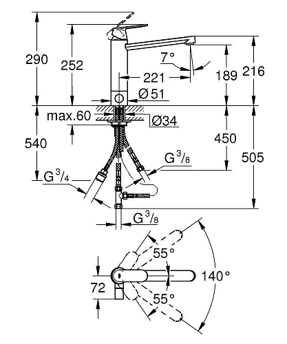 Смеситель для кухни GROHE Eurosmart Cosmopolitan со встроенным запорным вентилем, хром (30195000) Смеситель для кухни GROHE Eurosmart Cosmopolitan со встроенным запорным вентилем, хром (30195000)