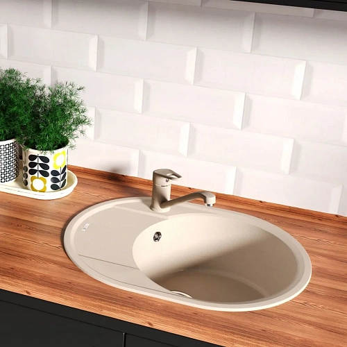 Кухонная мойка Lemark LACHA 620 врезная овальная из кварцгранита, с крылом, бежевый 9910050 Кухонная мойка Lemark LACHA 620 врезная овальная из кварцгранита, с крылом, бежевый 9910050