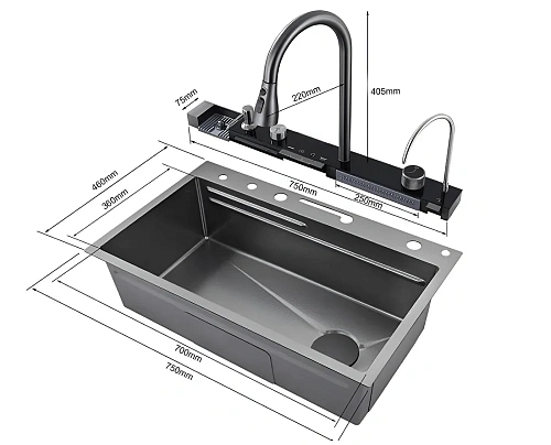 Кухонная мойка Ceruttispa GLORIA Pro CT10578 nano black серая из нержавеющей стали 750х460х230 Кухонная мойка Ceruttispa GLORIA Pro CT10578 nano black серая из нержавеющей стали 750х460х230