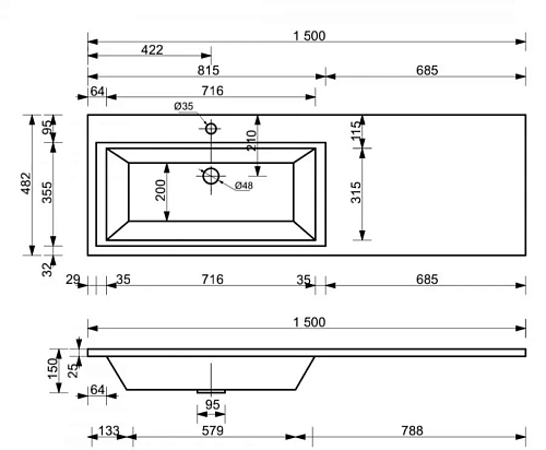 Тумба с раковиной Эстет Dallas Luxe ФР-00009842 1500х482 2 ящика правая, подвесная Тумба с раковиной Эстет Dallas Luxe ФР-00009842 1500х482 2 ящика правая, подвесная