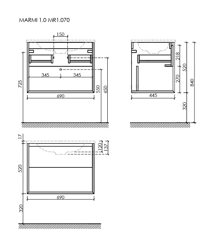 Тумба под раковину Sancos Marmi 1.0 MR1.070ECH 690х445х520 дуб чарльстон, подвесная Тумба под раковину Sancos Marmi 1.0 MR1.070ECH 690х445х520 дуб чарльстон, подвесная