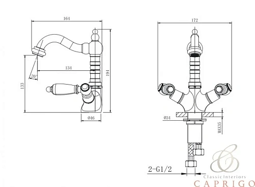 Смеситель для раковины Caprigo СADRIA-Classic с донным клапаном бронза, 03-526-vot Смеситель для раковины Caprigo СADRIA-Classic с донным клапаном бронза, 03-526-vot