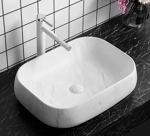 Раковина Ceruttispa CR0086 MMW1 565х400х145 накладная, мрамор матовый белый, прямоугольная Раковина Ceruttispa CR0086 MMW1 565х400х145 накладная, мрамор матовый белый, прямоугольная