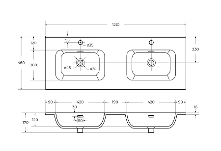 Раковина CEZARES CZR-8095-120-2 с двумя чашами белый 1210x460 керамика Раковина CEZARES CZR-8095-120-2 с двумя чашами белый 1210x460 керамика