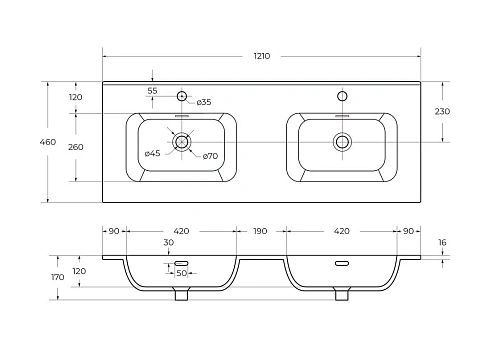 Раковина CEZARES CZR-8095-120-2 с двумя чашами белый 1210x460 керамика Раковина CEZARES CZR-8095-120-2 с двумя чашами белый 1210x460 керамика