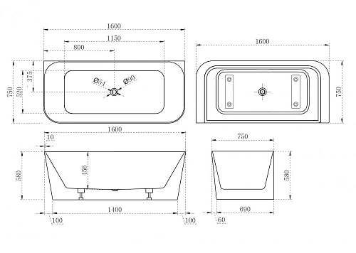 Акриловая ванна ABBER AB9223-1.6 160x75 универсальная, белая Акриловая ванна ABBER AB9223-1.6 160x75 универсальная, белая