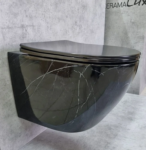 Унитаз подвесной CeramaLux 2212BM черный мрамор с крышкой микролифт Унитаз подвесной CeramaLux 2212BM черный мрамор с крышкой микролифт