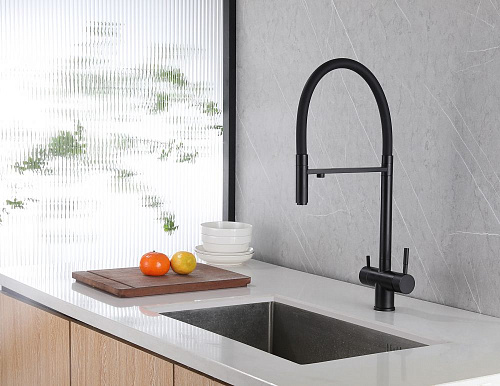 Смеситель для кухни ABBER Wasser Kreis AF81141B с подключением фильтра и выдвижной лейкой, черный матовый Смеситель для кухни ABBER Wasser Kreis AF81141B с подключением фильтра и выдвижной лейкой, черный матовый