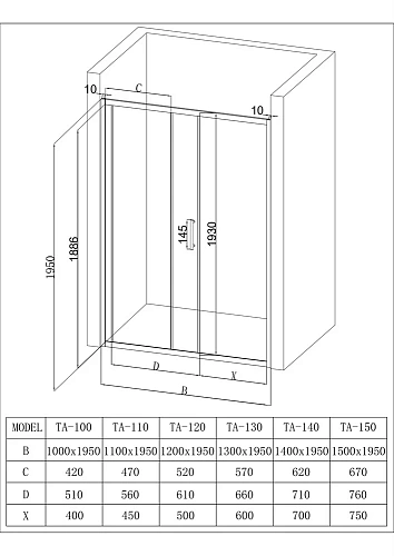 Душевая дверь Taliente 130x195см, прозрачное стекло 6мм, черный профиль TA-130-1CB Душевая дверь Taliente 130x195см, прозрачное стекло 6мм, черный профиль TA-130-1CB