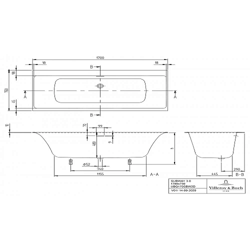 Ванна квариловая Villeroy & Boch Subway 3.0 170 x 75 см UBQ170SBW2DV-01 Ванна квариловая Villeroy & Boch Subway 3.0 170 x 75 см UBQ170SBW2DV-01