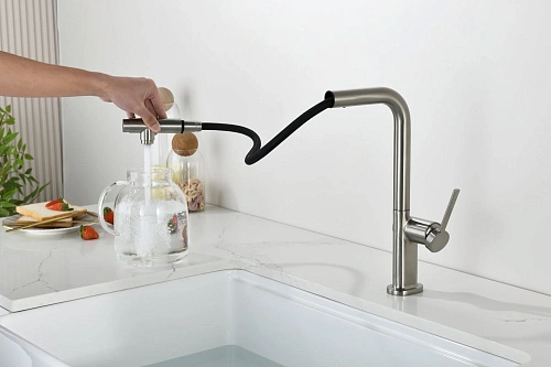 Смеситель для кухни AQUAme Cucina AQM9903BN с выдвижным изливом, с подключением к фильтру с питьевой водой, никель шлифованный Смеситель для кухни AQUAme Cucina AQM9903BN с выдвижным изливом, с подключением к фильтру с питьевой водой, никель шлифованный