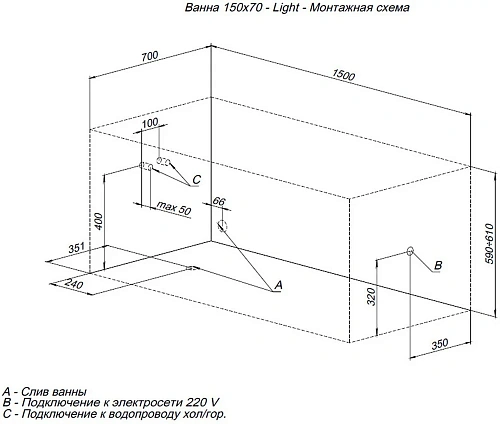 Акриловая ванна Aquanet Light 150x70 (с каркасом) 00243869 Акриловая ванна Aquanet Light 150x70 (с каркасом) 00243869