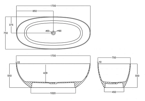 Ванна отдельностоящая ABBER AT9703Onyx 170x75 универсальная, черная полиэфирная смола Ванна отдельностоящая ABBER AT9703Onyx 170x75 универсальная, черная полиэфирная смола