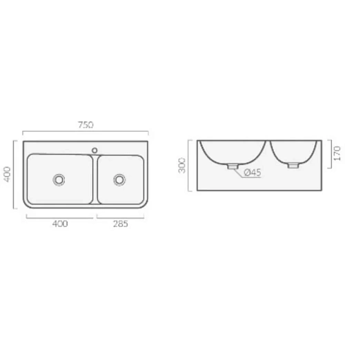 Раковина Ceruttispa Double COMO СТ9700 750х400х300 двойная подвесная Раковина Ceruttispa Double COMO СТ9700 750х400х300 двойная подвесная