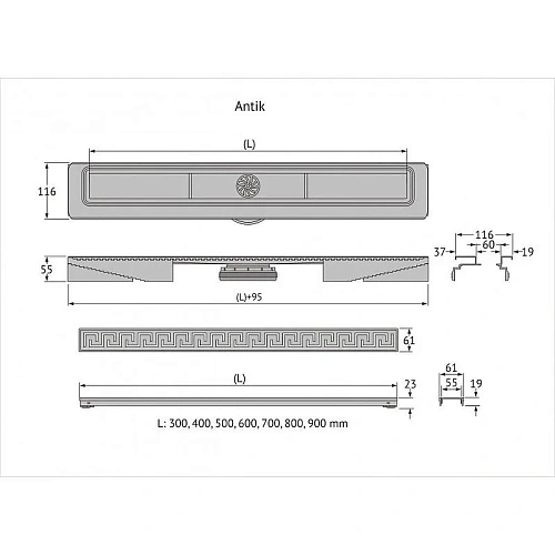Душевой лоток BERGES В1 Antik 900, матовый хром, S-сифон D50 H60 боковой 090127 Душевой лоток BERGES В1 Antik 900, матовый хром, S-сифон D50 H60 боковой 090127