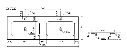 Раковина Ceramica Nova Grace CN7022MBwx мебельная 1410x457x137 с двумя чашами без отверстий под смеситель, черный матовый Раковина Ceramica Nova Grace CN7022MBwx мебельная 1410x457x137 с двумя чашами без отверстий под смеситель, черный матовый