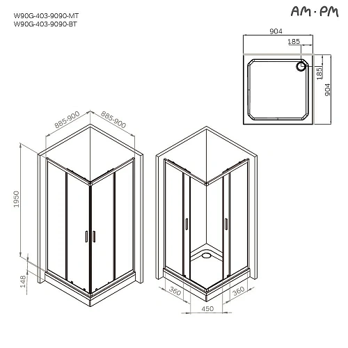 Душевой уголок AM.PM Gem W90G-403-9090MT 90x90 хром матовый, стекло прозрачное Душевой уголок AM.PM Gem W90G-403-9090MT 90x90 хром матовый, стекло прозрачное