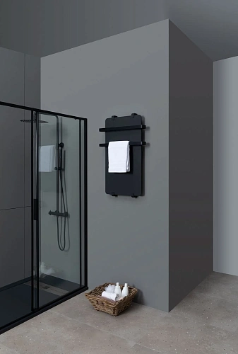 Полотенцесушитель электрический Allen Brau Infinity 80x44 00325636 с рейлингом 2.0 и креплением, черный матовый Полотенцесушитель электрический Allen Brau Infinity 80x44 00325636 с рейлингом 2.0 и креплением, черный матовый