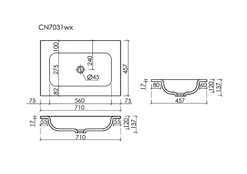 Раковина Ceramica nova Grace CN7031wx 710x457x137 мебельная без отверстия под смеситель, белый Раковина Ceramica nova Grace CN7031wx 710x457x137 мебельная без отверстия под смеситель, белый