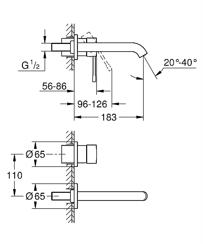 Смеситель для раковины GROHE Essence+ на 2 отверстия (вынос 183 мм), хром (19408001) внешняя часть Смеситель для раковины GROHE Essence+ на 2 отверстия (вынос 183 мм), хром (19408001) внешняя часть