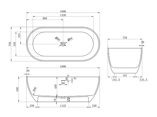 Ванна отдельностоящая ABBER AS9613-1.6 160x75 универсальная, белая матовая, искусственный камень Ванна отдельностоящая ABBER AS9613-1.6 160x75 универсальная, белая матовая, искусственный камень