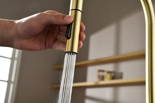 Смеситель для кухни AQUAme Cucina AQM9901BG с выдвижным изливом, золото шлифованное Смеситель для кухни AQUAme Cucina AQM9901BG с выдвижным изливом, золото шлифованное