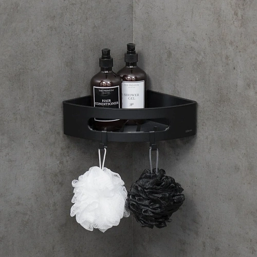 Полка Lemark SHELF LINE угловая с крючками, черный/ вставка-пластик черный 9772047 Полка Lemark SHELF LINE угловая с крючками, черный/ вставка-пластик черный 9772047