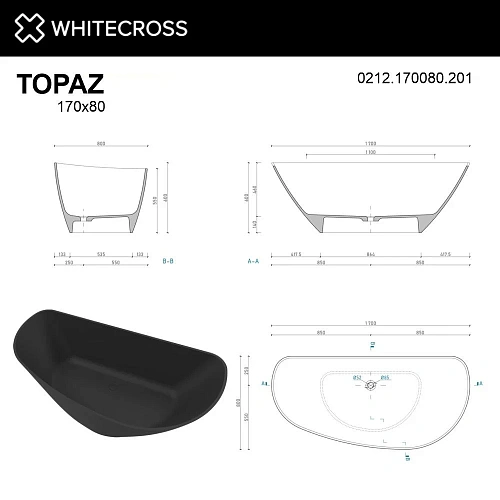Ванна из искусственного камня WHITECROSS Topaz 170x80 (черный мат) искусственный камень 0212.170080. 0212.170080.201 Ванна из искусственного камня WHITECROSS Topaz 170x80 (черный мат) искусственный камень 0212.170080. 0212.170080.201
