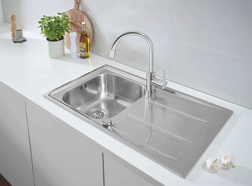 Кухонная мойка GROHE из нержавеющей стали с корзинчатым вентилем, оборачиваемая K400 45 -S 86/50 1.0 31566SD0 Кухонная мойка GROHE из нержавеющей стали с корзинчатым вентилем, оборачиваемая K400 45 -S 86/50 1.0 31566SD0