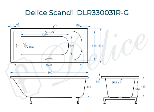 Ванна из искусственного камня Delice Scandi 180х80 DLR330031R-G с ручками хром, глянцевая Ванна из искусственного камня Delice Scandi 180х80 DLR330031R-G с ручками хром, глянцевая