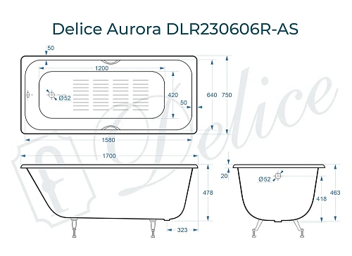 Ванна чугунная Delice Aurora 1700х750 с отверстиями под ручки и анстикользящим покрытием DLR2 DLR230606R-AS Ванна чугунная Delice Aurora 1700х750 с отверстиями под ручки и анстикользящим покрытием DLR2 DLR230606R-AS