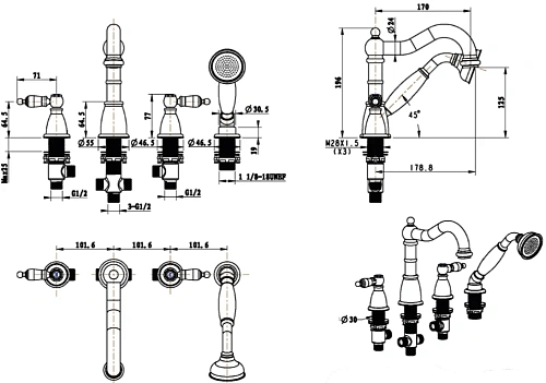 Смеситель на борт ванны Boheme TRADIZIONALE ORO 395-BSW Смеситель на борт ванны Boheme TRADIZIONALE ORO 395-BSW