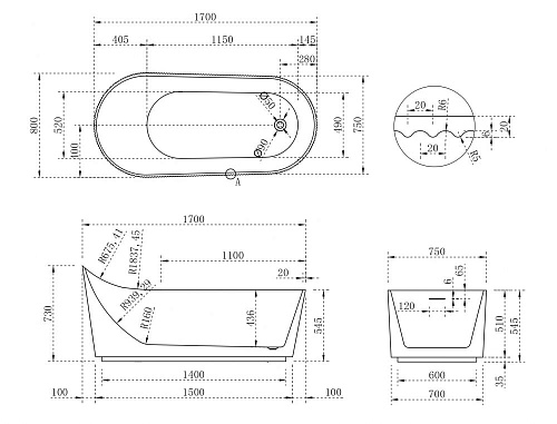 Ванна отдельностоящая ABBER AB9445MW 170x80 универсальная, белая матовая, акриловая Ванна отдельностоящая ABBER AB9445MW 170x80 универсальная, белая матовая, акриловая