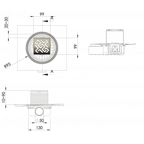 Душевой трап BERGES ZENTRUM Antik 100х100, золото глянец, выпуск D50 H65 боковой 092364 Душевой трап BERGES ZENTRUM Antik 100х100, золото глянец, выпуск D50 H65 боковой 092364