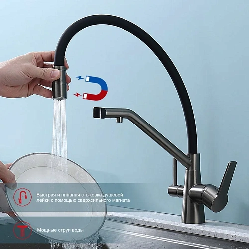 Смеситель для кухни Raglo R80.62.09 с гибким изливом с подключением к фильтру, графит Смеситель для кухни Raglo R80.62.09 с гибким изливом с подключением к фильтру, графит