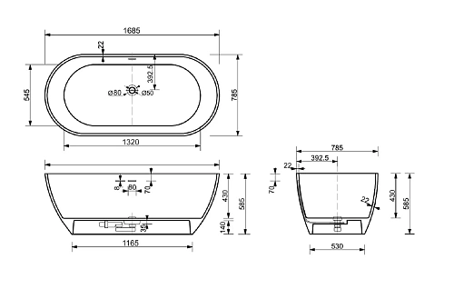 Ванна из искусственного камня Fontana Грейс 1685x758 ФР-00018617 Solid Surface белый матовый Ванна из искусственного камня Fontana Грейс 1685x758 ФР-00018617 Solid Surface белый матовый