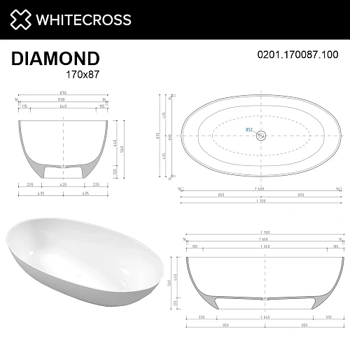 Ванна из искусственного камня WHITECROSS Diamond 170x87 (белый глянец) 0201.170087.100 Ванна из искусственного камня WHITECROSS Diamond 170x87 (белый глянец) 0201.170087.100