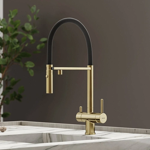 Смеситель для кухни SANCOS Imola SC4010BGbh с возможностью подключения фильтра, брашированное золото с черным изливом Смеситель для кухни SANCOS Imola SC4010BGbh с возможностью подключения фильтра, брашированное золото с черным изливом