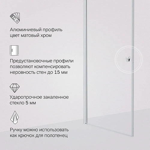 Душевая дверь AM.PM Sunny W87G-90-1P-MT распашная 90x190 профиль серебро, стекло прозрачное Душевая дверь AM.PM Sunny W87G-90-1P-MT распашная 90x190 профиль серебро, стекло прозрачное