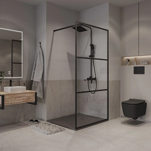 Душевая перегородка Niagara Nova NG-688-90BLACK (90x195) черный матовый, стекло прозрачное с рисунком Душевая перегородка Niagara Nova NG-688-90BLACK (90x195) черный матовый, стекло прозрачное с рисунком