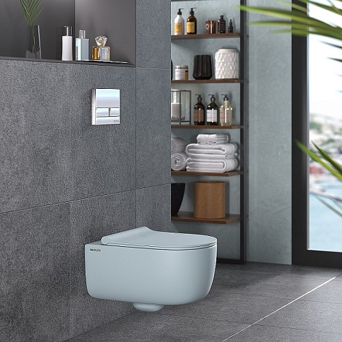 Унитаз подвесной BERGES EGO XL Rimless сиденье EGO XL Slim SO матовый голубой, микролифт , быстросъе 083229 Унитаз подвесной BERGES EGO XL Rimless сиденье EGO XL Slim SO матовый голубой, микролифт , быстросъе 083229