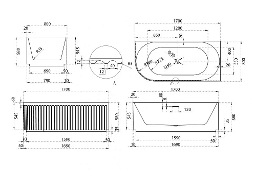 Акриловая ванна ABBER AB9412-1.7 R 170x80 правосторонняя, белая Акриловая ванна ABBER AB9412-1.7 R 170x80 правосторонняя, белая