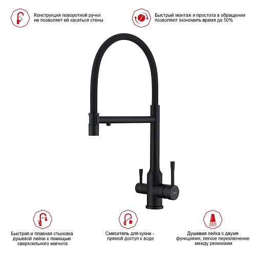 Смеситель для кухни Raglo R81.63.06 с гибким изливом с подключением к фильтру, черный Смеситель для кухни Raglo R81.63.06 с гибким изливом с подключением к фильтру, черный